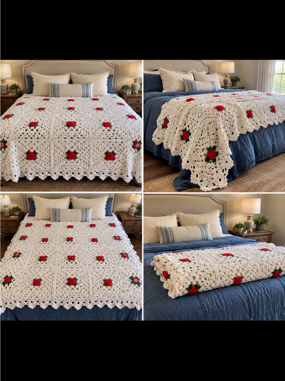 Vintage-Inspired White Crochet Throw with Red Rose Accents